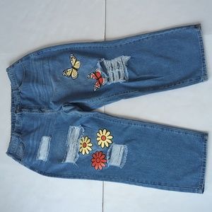 Shein Curve Floral Distressed High Waisted Retro Mom Jeans PLUS 3XL Blue